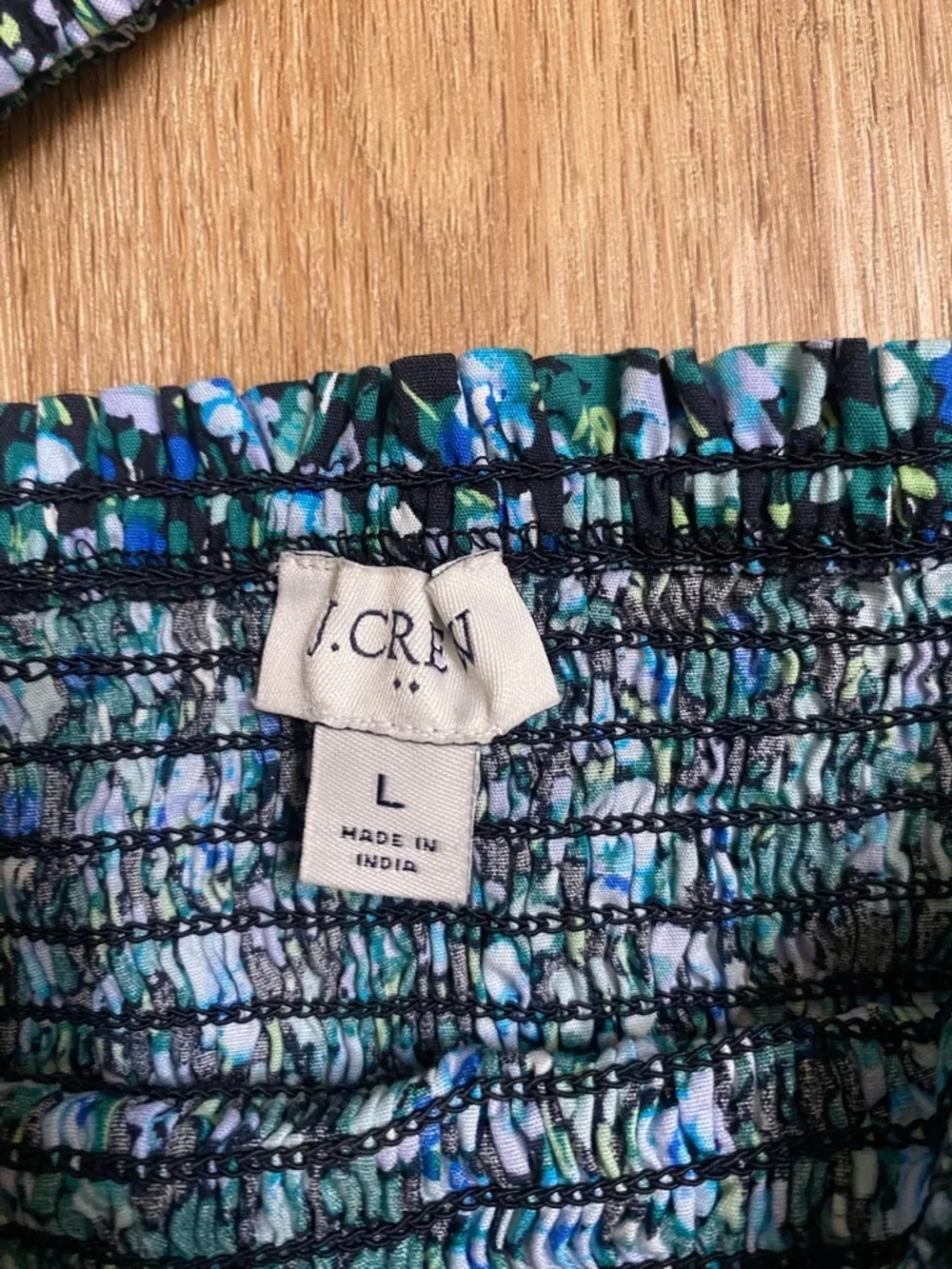 J. Crew Teal and Black Floral Smocked Peplum Blouse